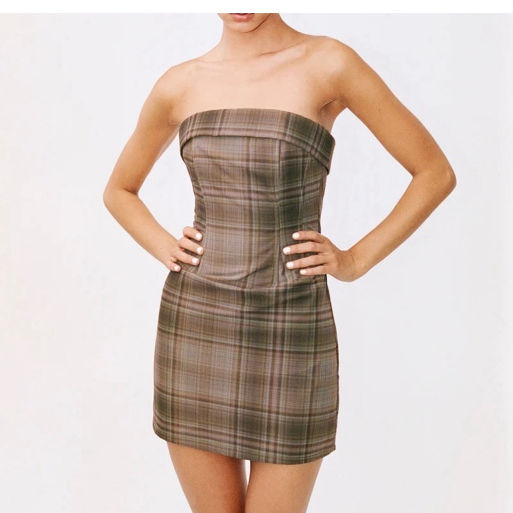 With Jean Strapless Plaid Dress